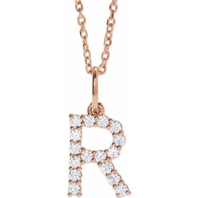 diamond initial necklace, initial necklace, diamond initial necklace 14K rose gold R initial charm variant--R variant--14K-rose-gold