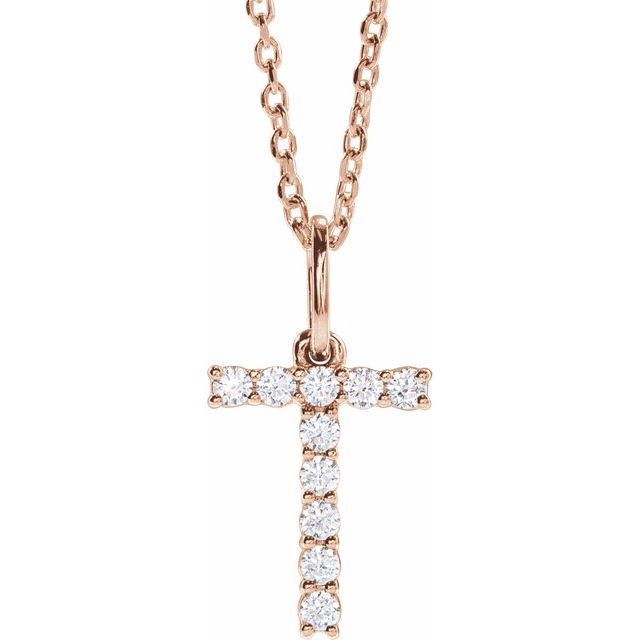 diamond initial necklace, initial necklace, diamond initial necklace 14K rose gold T initial charm variant--T variant--14K-rose-gold