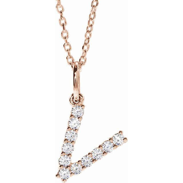 diamond initial necklace, initial necklace, diamond initial necklace 14K rose gold V initial charm variant--V variant--14K-rose-gold