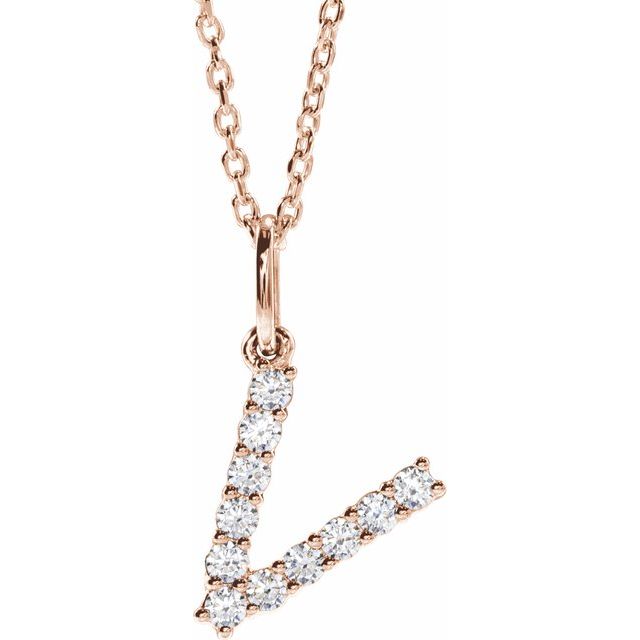 diamond initial necklace, initial necklace, diamond initial necklace 14K rose gold V initial charm