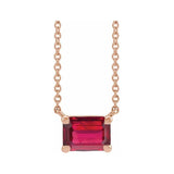 Minimalist 14K rose gold Ruby birthstone necklace featuring a 5x3mm emerald-cut pendant. variant--Ruby variant--14K-rose-gold