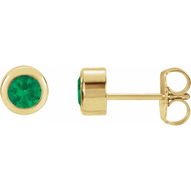 14K yellow gold Emerald Bezel-Set Birthstone Stud Earrings,14K yellow gold Emerald earrings