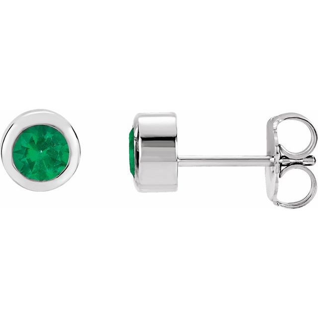 14K white gold Emerald Bezel-Set Birthstone Stud Earrings,14K white gold Emerald earrings