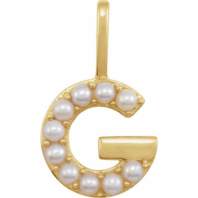 pearl initial charm, initial charm,  14K yellow gold G initial charm