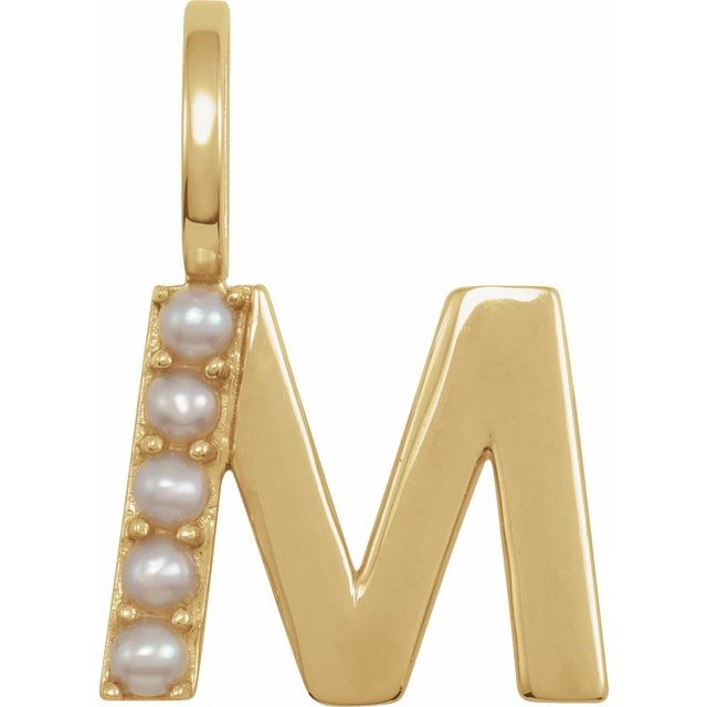 pearl initial charm, initial charm,  14K yellow gold M initial charm