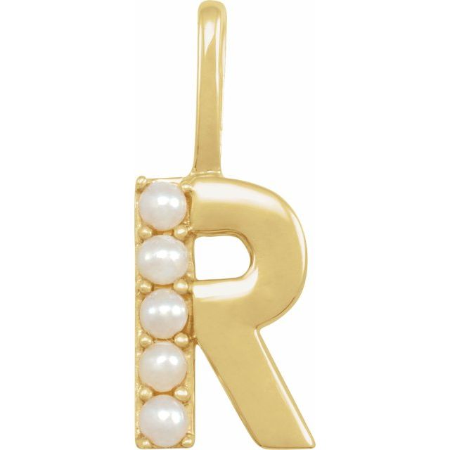 pearl initial charm, initial charm,  14K yellow gold R initial charm