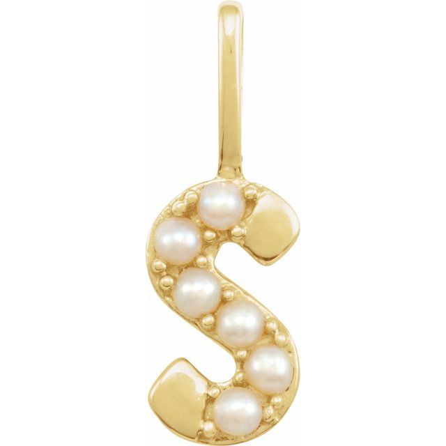 pearl initial charm, initial charm,  14K yellow gold S initial charm