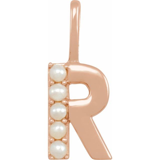 pearl initial charm, initial charm,  14K rose gold R initial charm