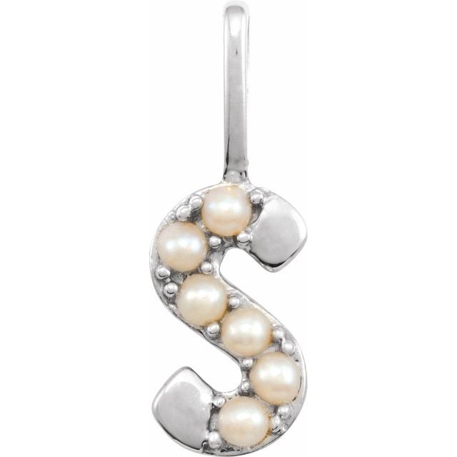 pearl initial charm, initial charm,  14K white gold S initial charm