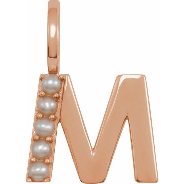 pearl initial charm, initial charm,  14K rose gold M initial charm