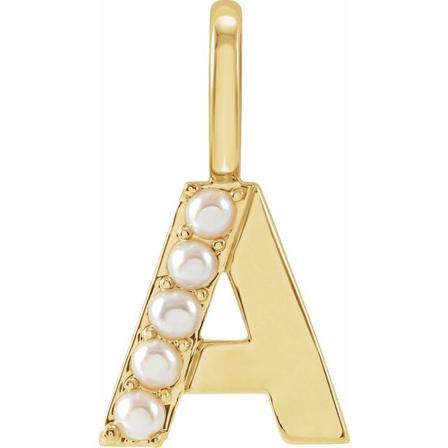 pearl initial charm, initial charm,  14K yellow gold A initial charm