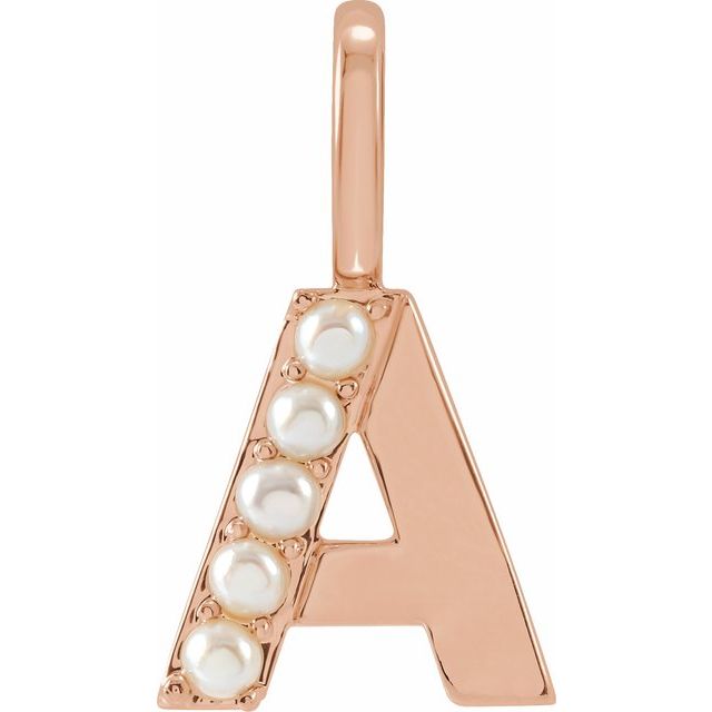 pearl initial charm, initial charm,  14K rose gold A initial charm