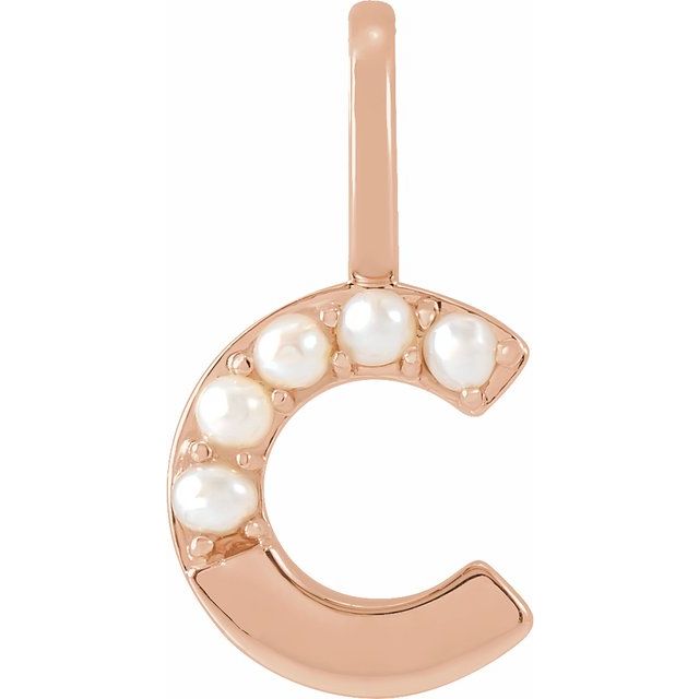 pearl initial charm, initial charm,  14K rose gold C initial charm