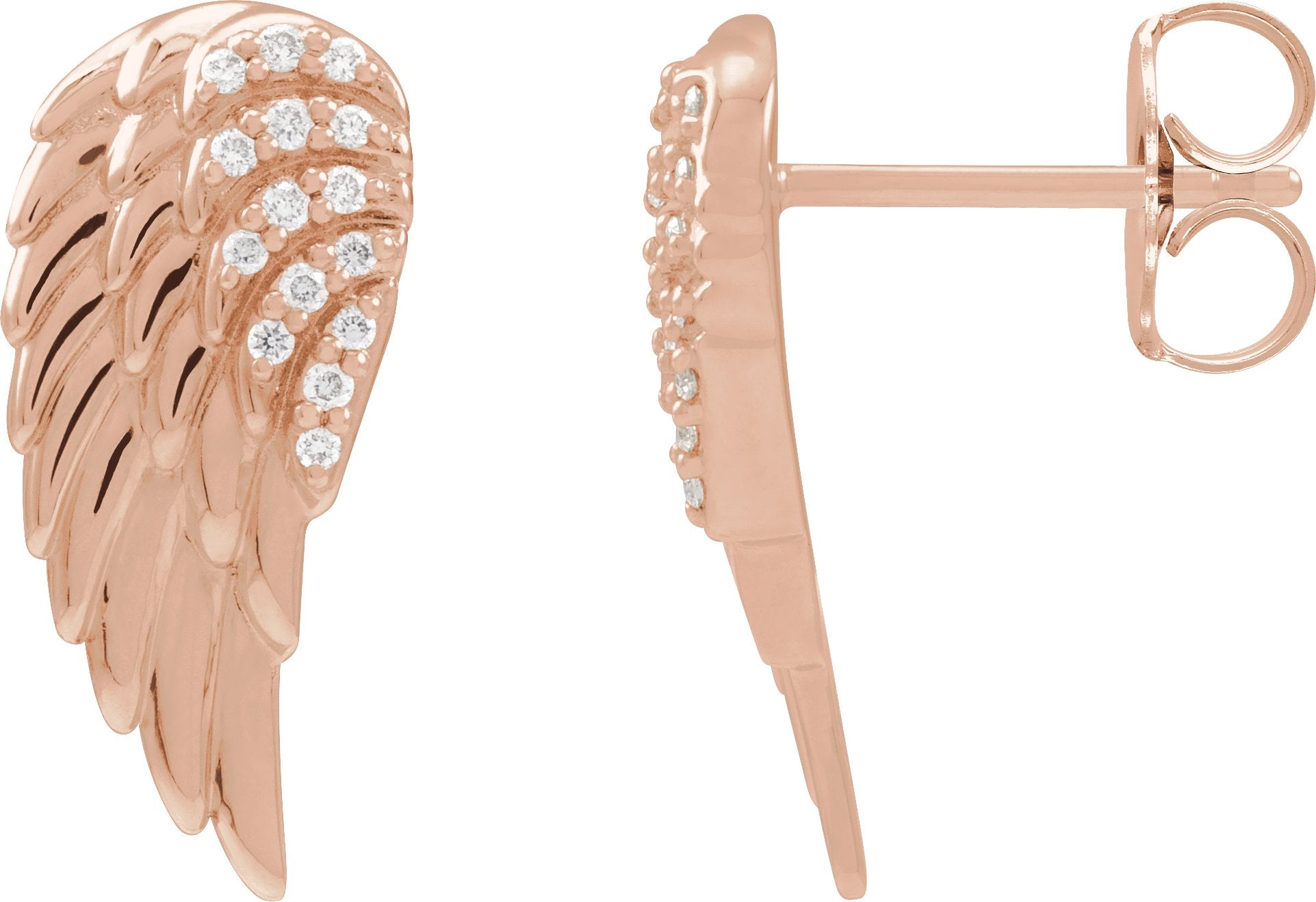 Rose Gold Diamond angel wing stud earrings close up variant--14K-rose-gold