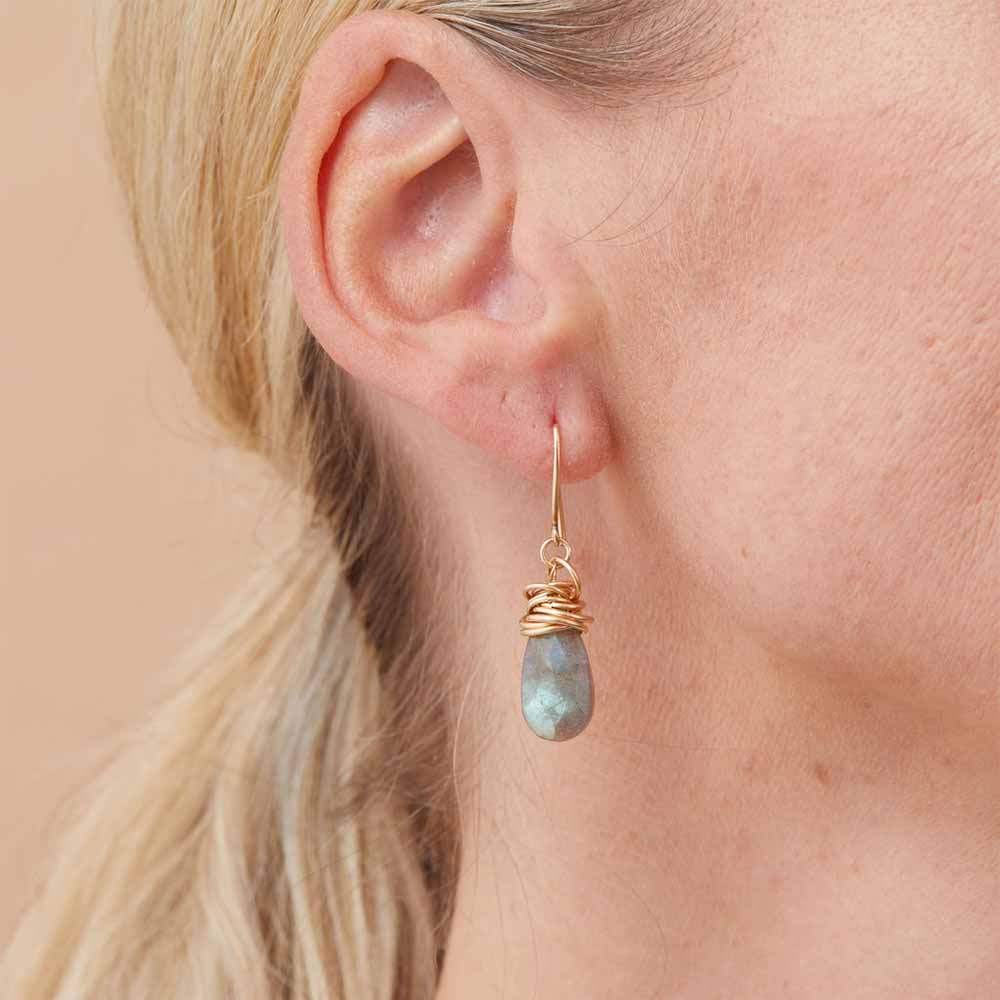 Handcrafted gold-fill wire-wrapped dangle earring with faceted gemstone teardrop drop
