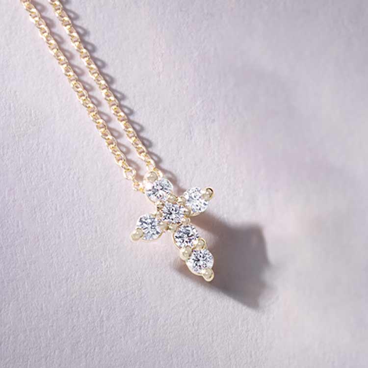 Diamond cross necklace in 14K yellow gold with round lab-grown diamonds