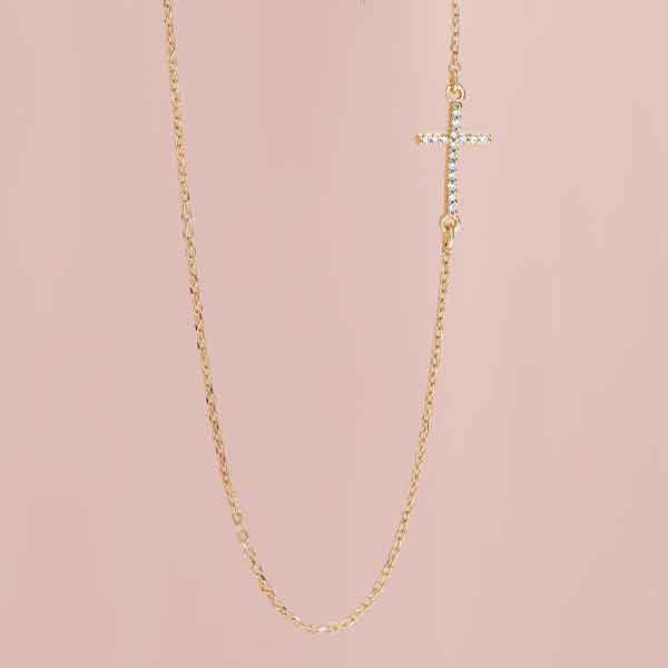 Diamond sideways cross pendant necklace in 14K yellow gold