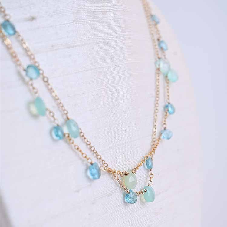 Double strand gemstone station necklace with apatite variant--Chalcedony