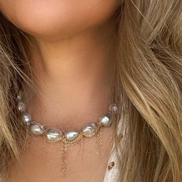 Handmade baroque pearl necklace with gold and silver fringe